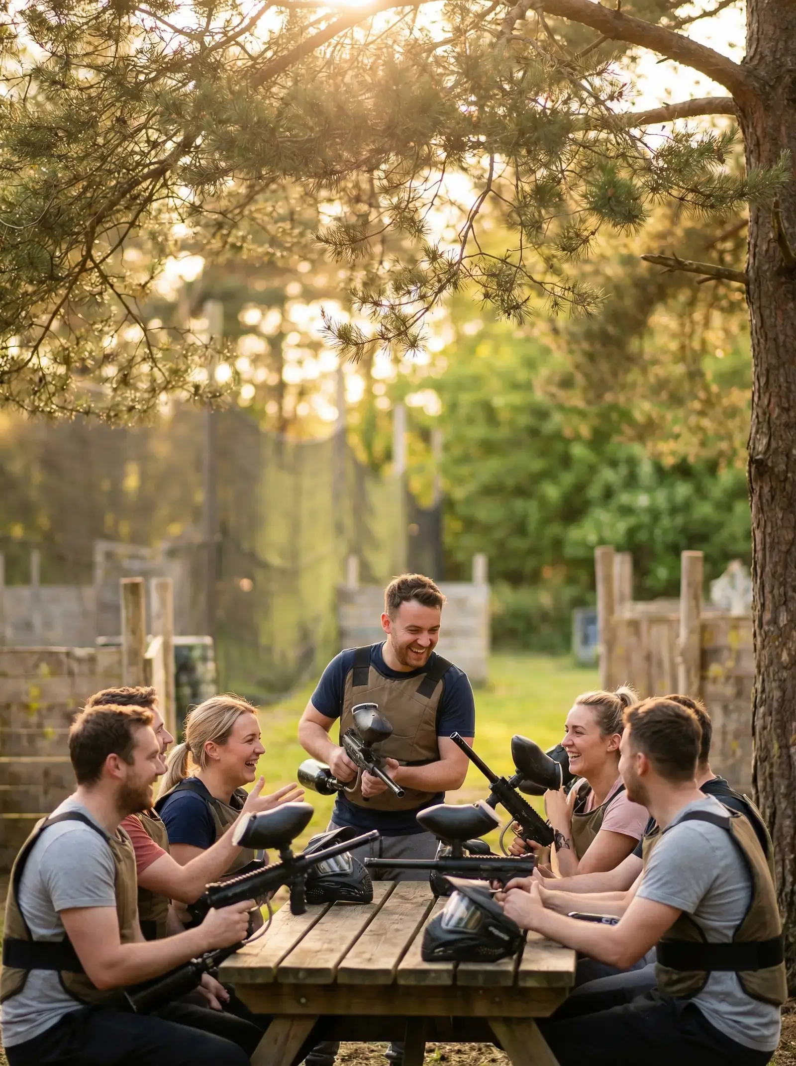 En grupp vänner sitter vid ett bord med paintballutrustning i en naturlig miljö.