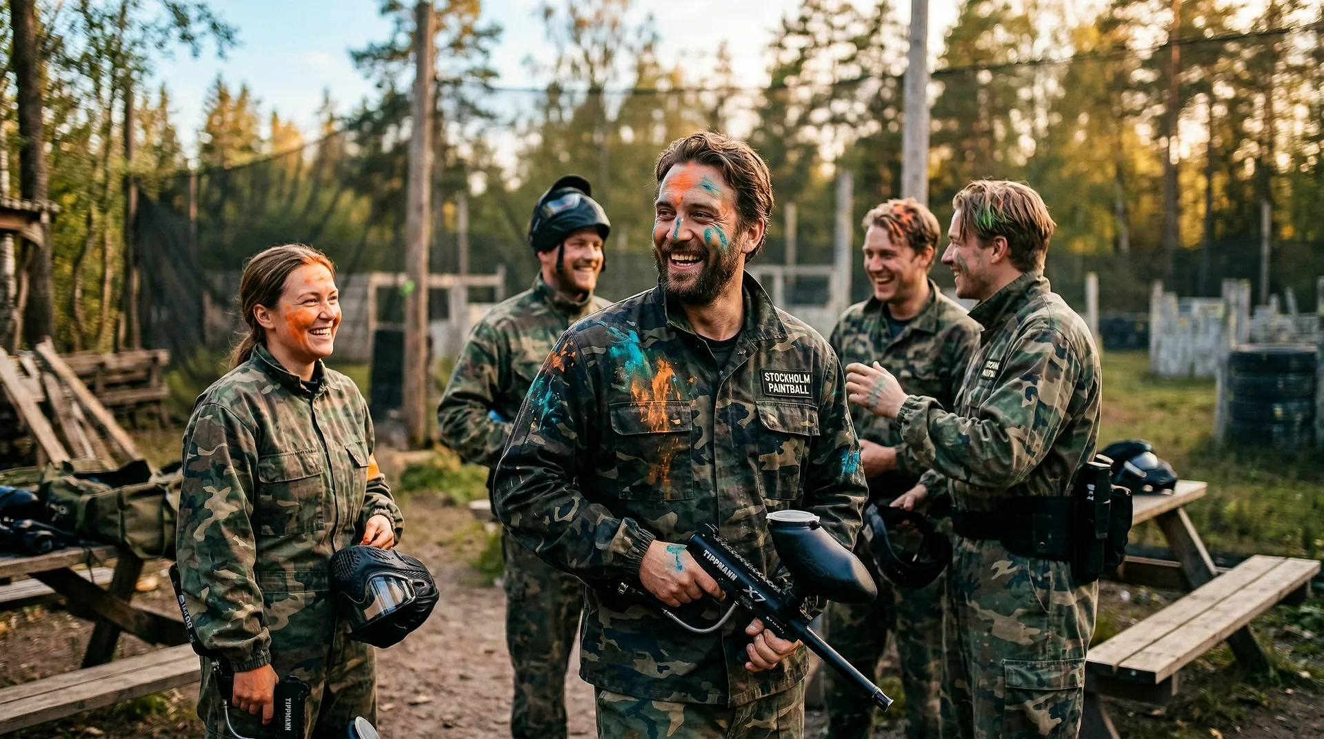 Glada personer i kamouflage med paintballmarkör efter match i skogen.