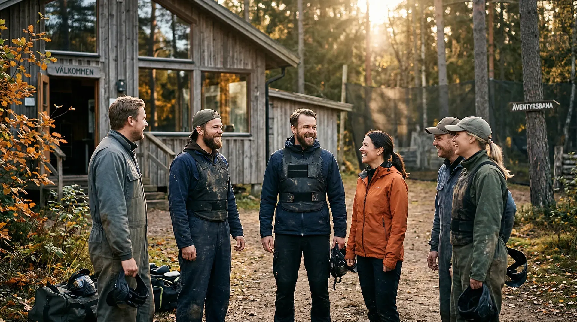 Sex personer står och pratar utanför en träbyggnad i skogen.