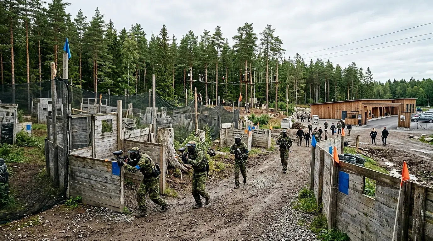 Soldater tränar i militär hinderbana med träbarrikader i skogsområde.