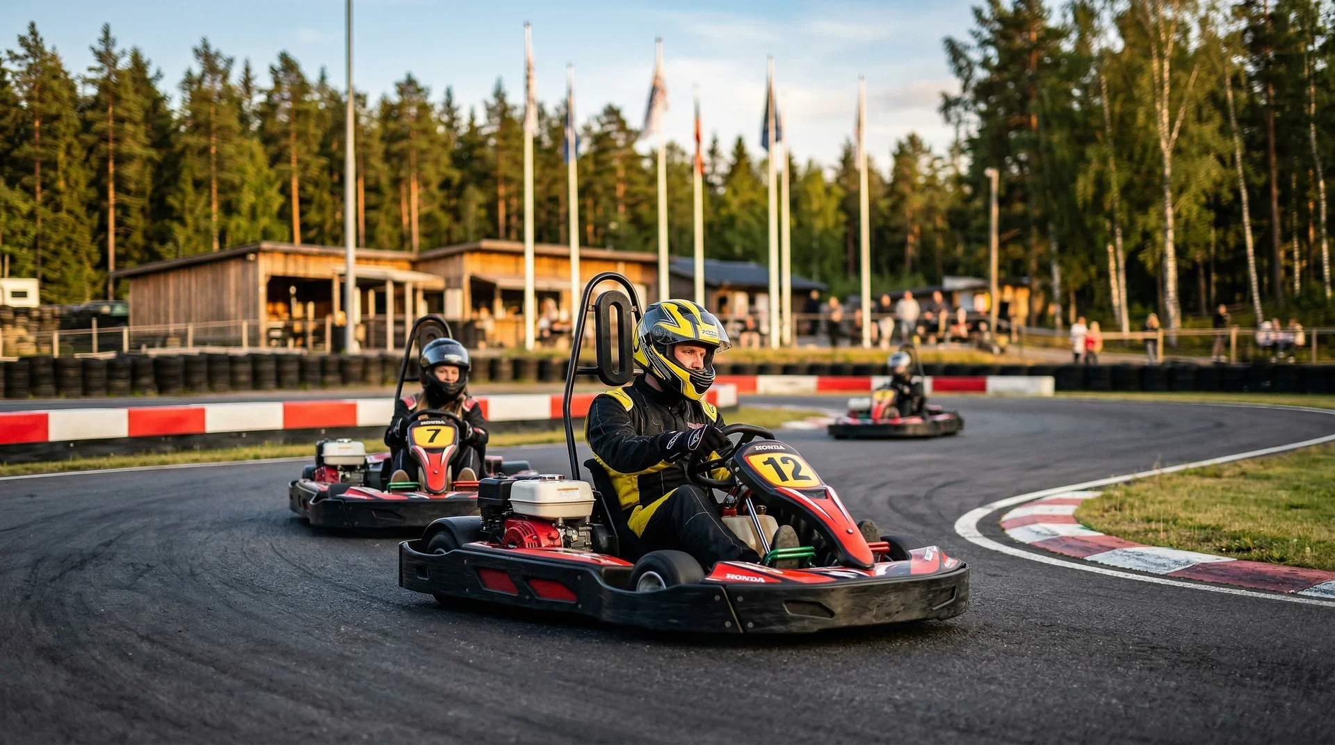 Gokartförare i gul hjälm kör på bana omgiven av skog.