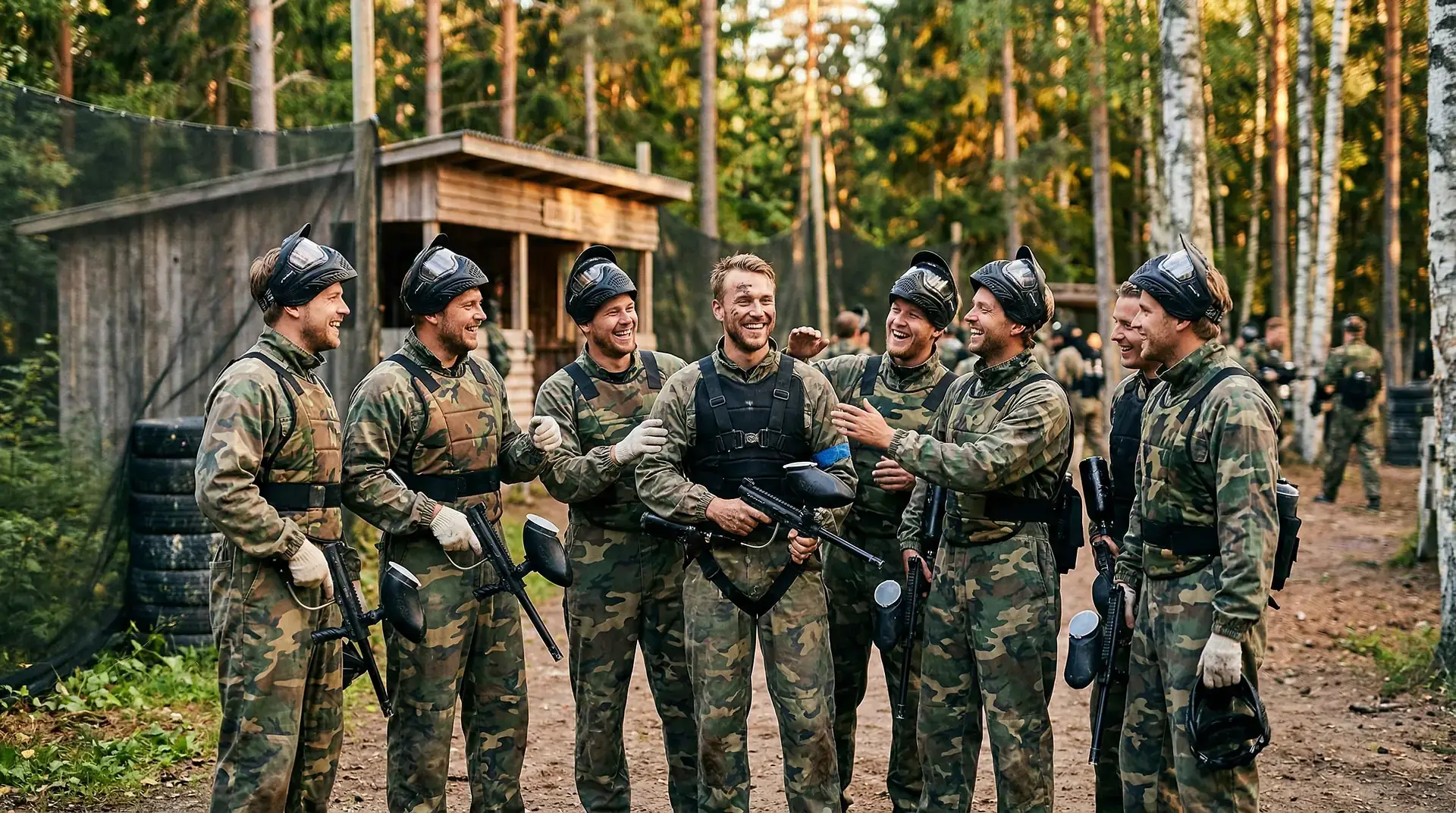 Grupp män i kamouflage med paintballsutrustning skrattar tillsammans i skogen.