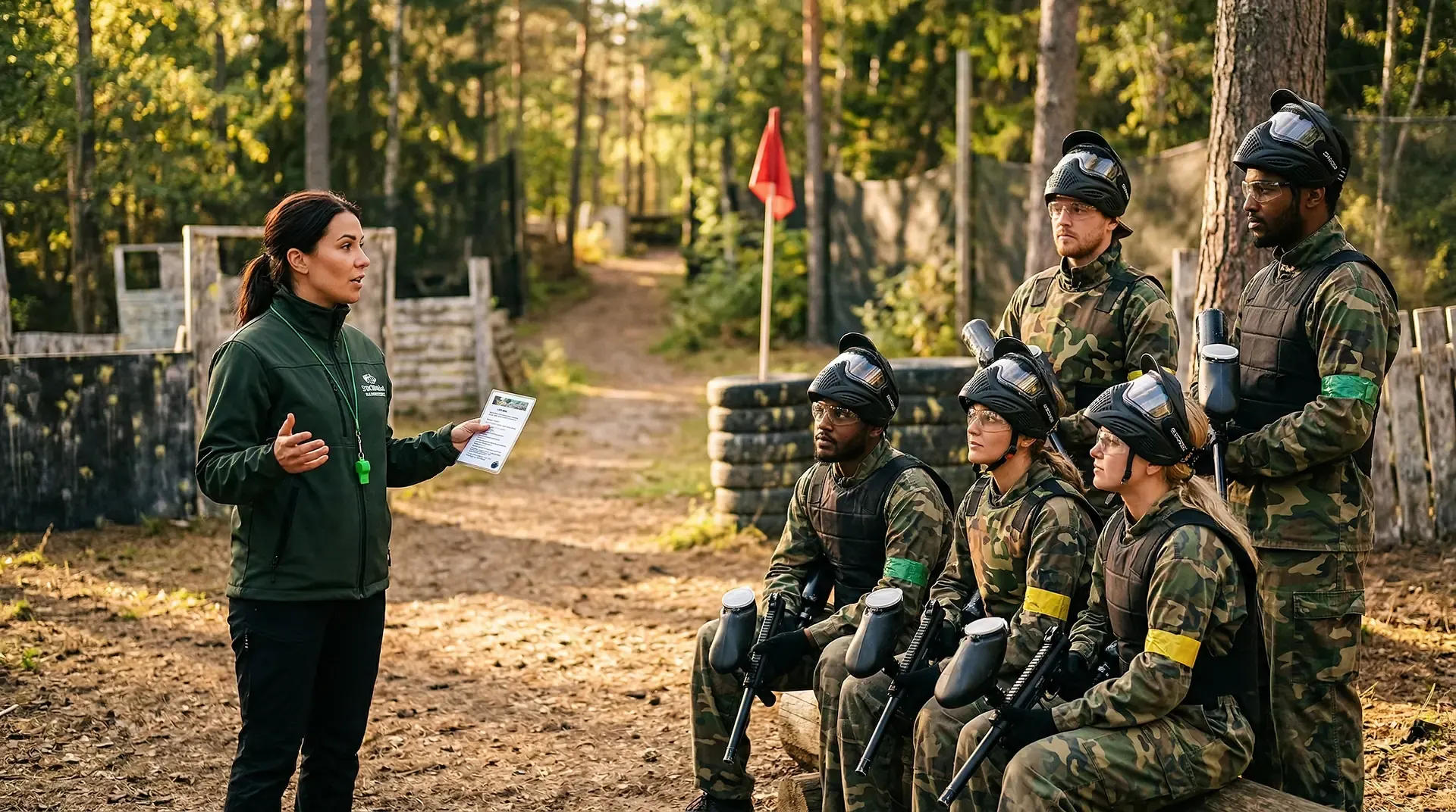 Instruktör informerar grupp med paintballspelare i skogen