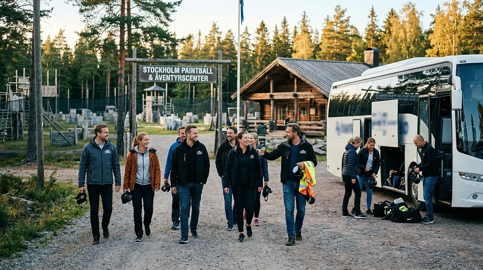 Grupp människor anländer till Stockholm Paintball & Äventyrscenter med buss.