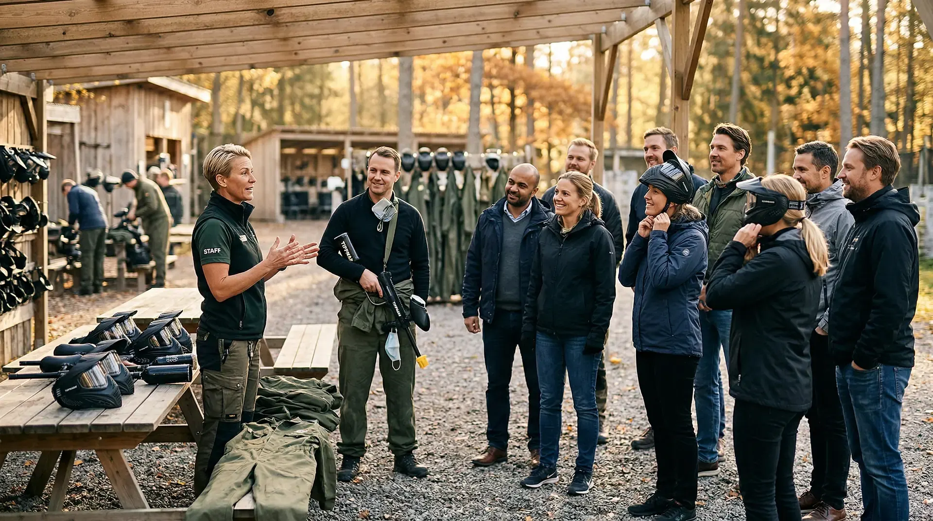 Instruktör briefar grupp inför laserdome-aktivitet i skogsmiljö