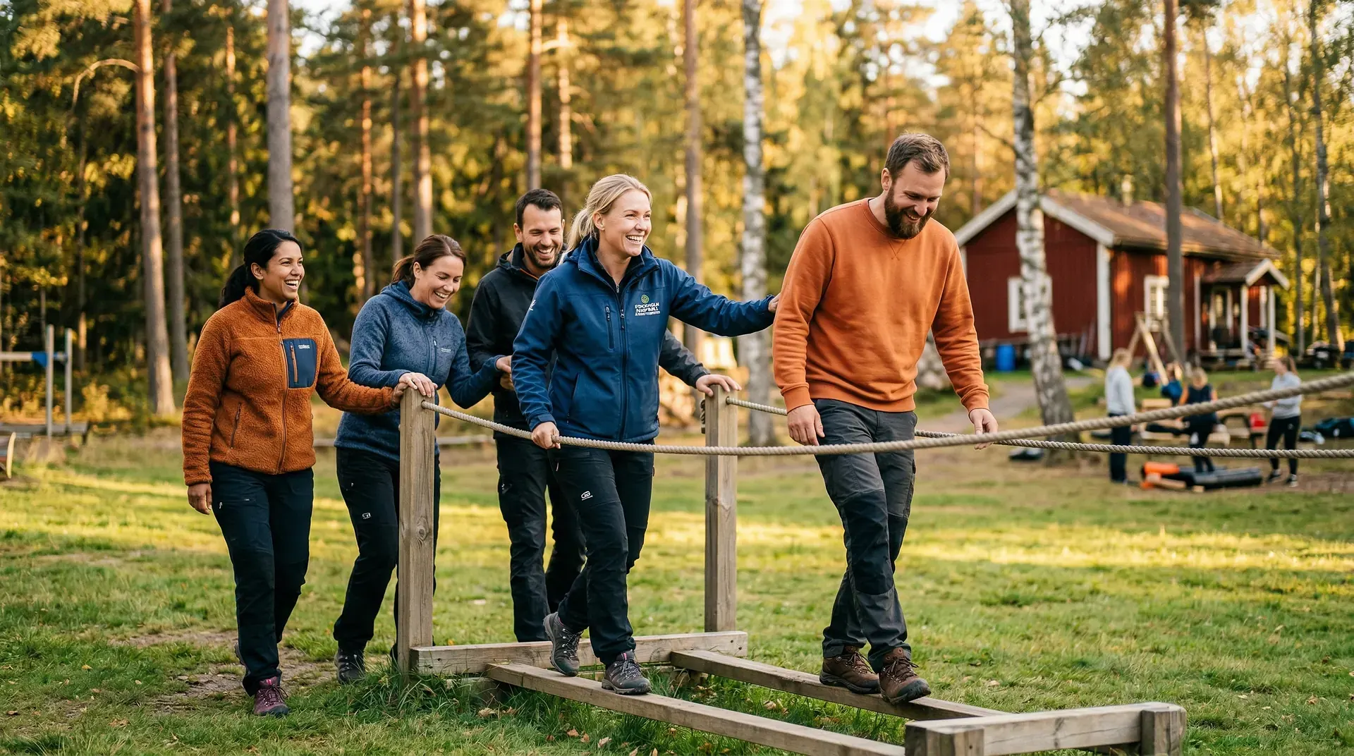 Grupp människor balanserar på hinderbana i skogen medan ledare i blå jacka instruerar.