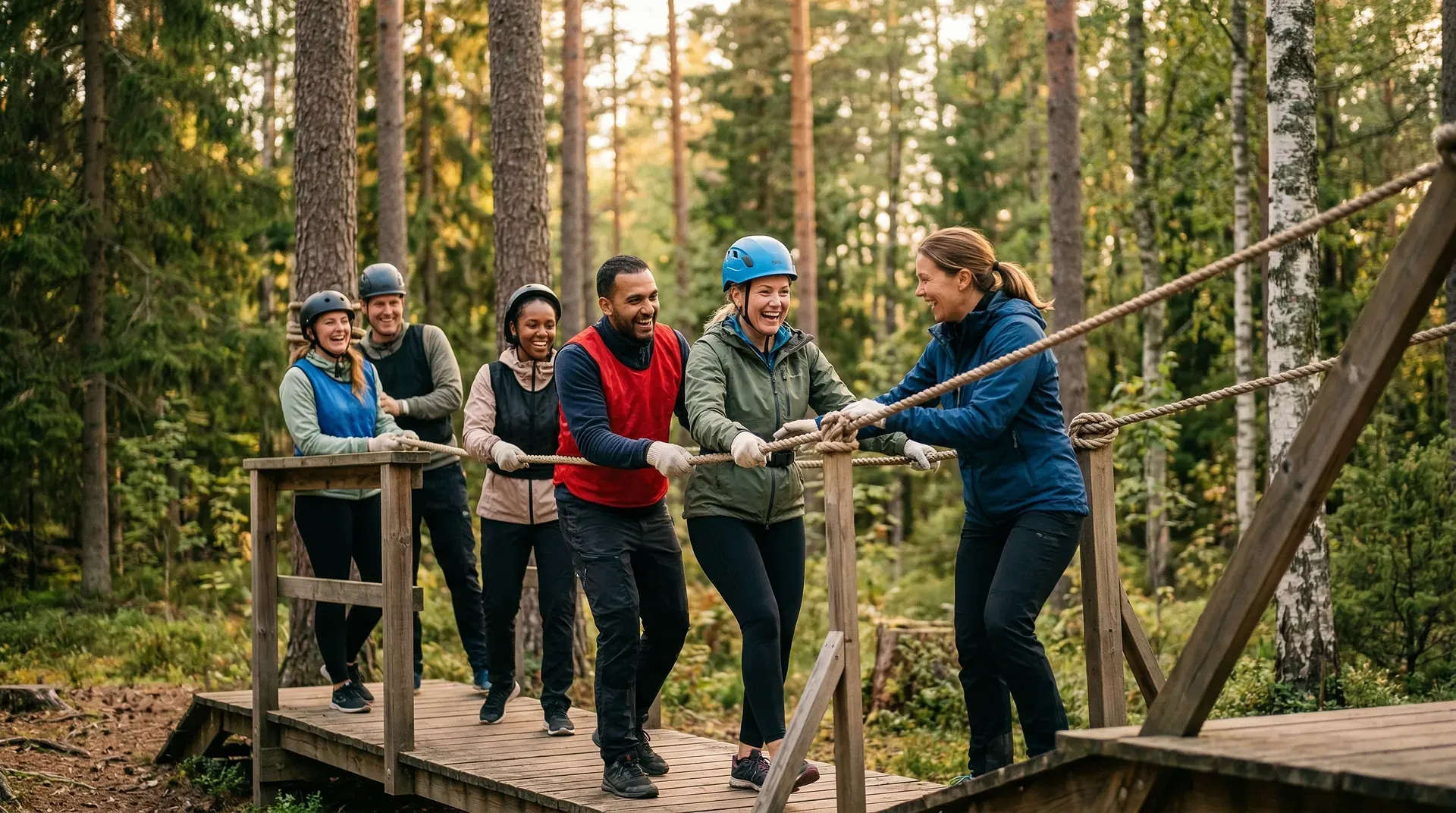 Grupp människor i hjälmar drar i rep på linbaneplattform i skogen