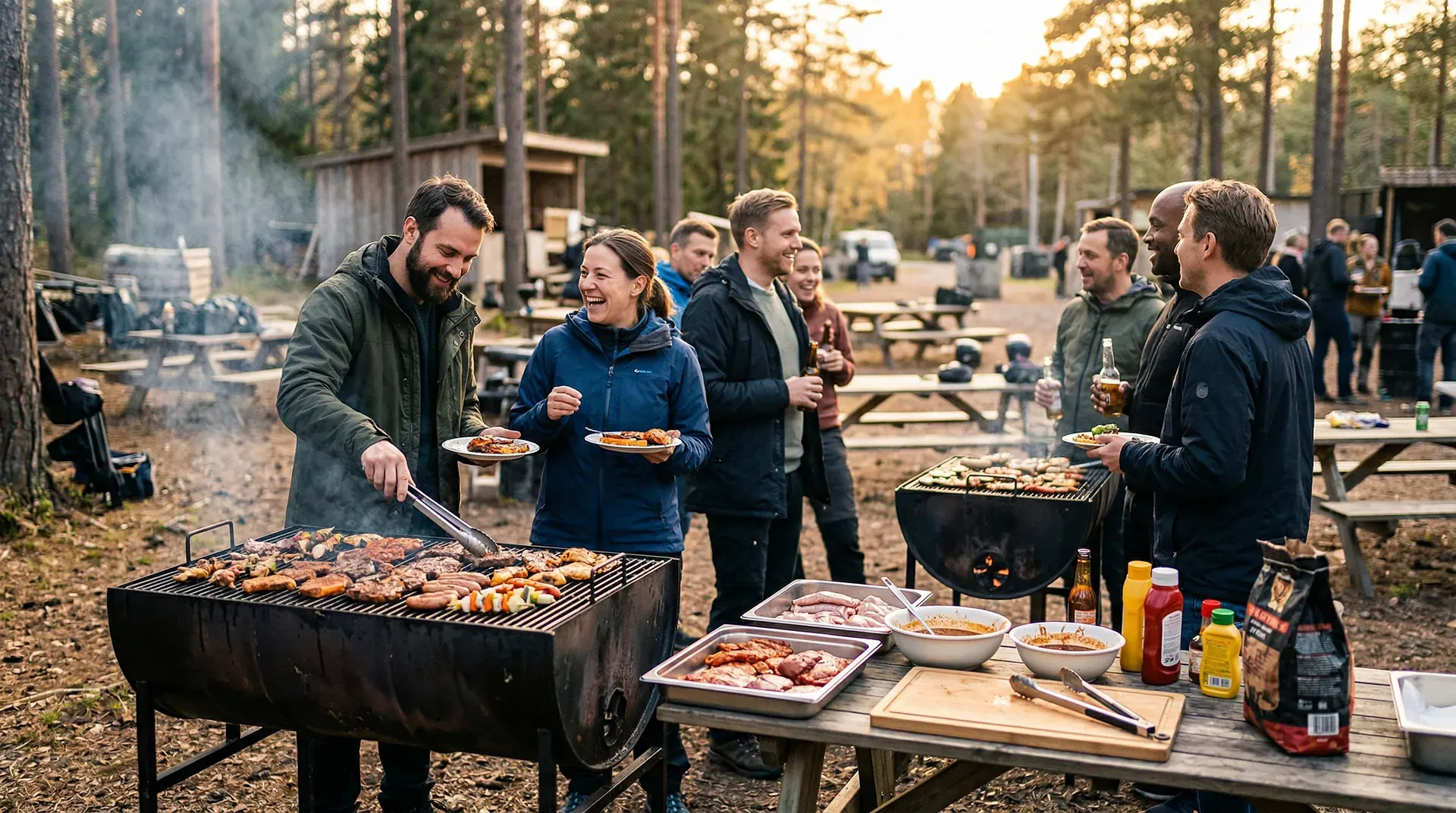 Människor grillar och umgås vid utomhusgrill i skogen.