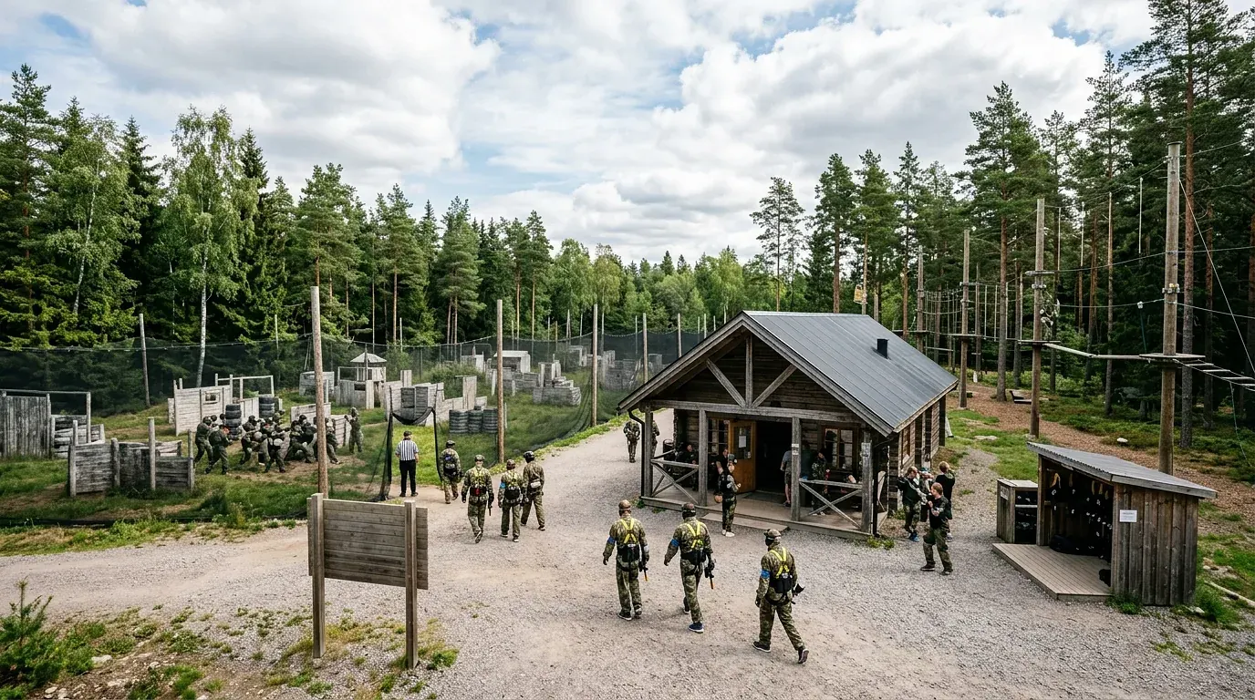 Militär träningsanläggning i skogen med soldater och hinderbana.