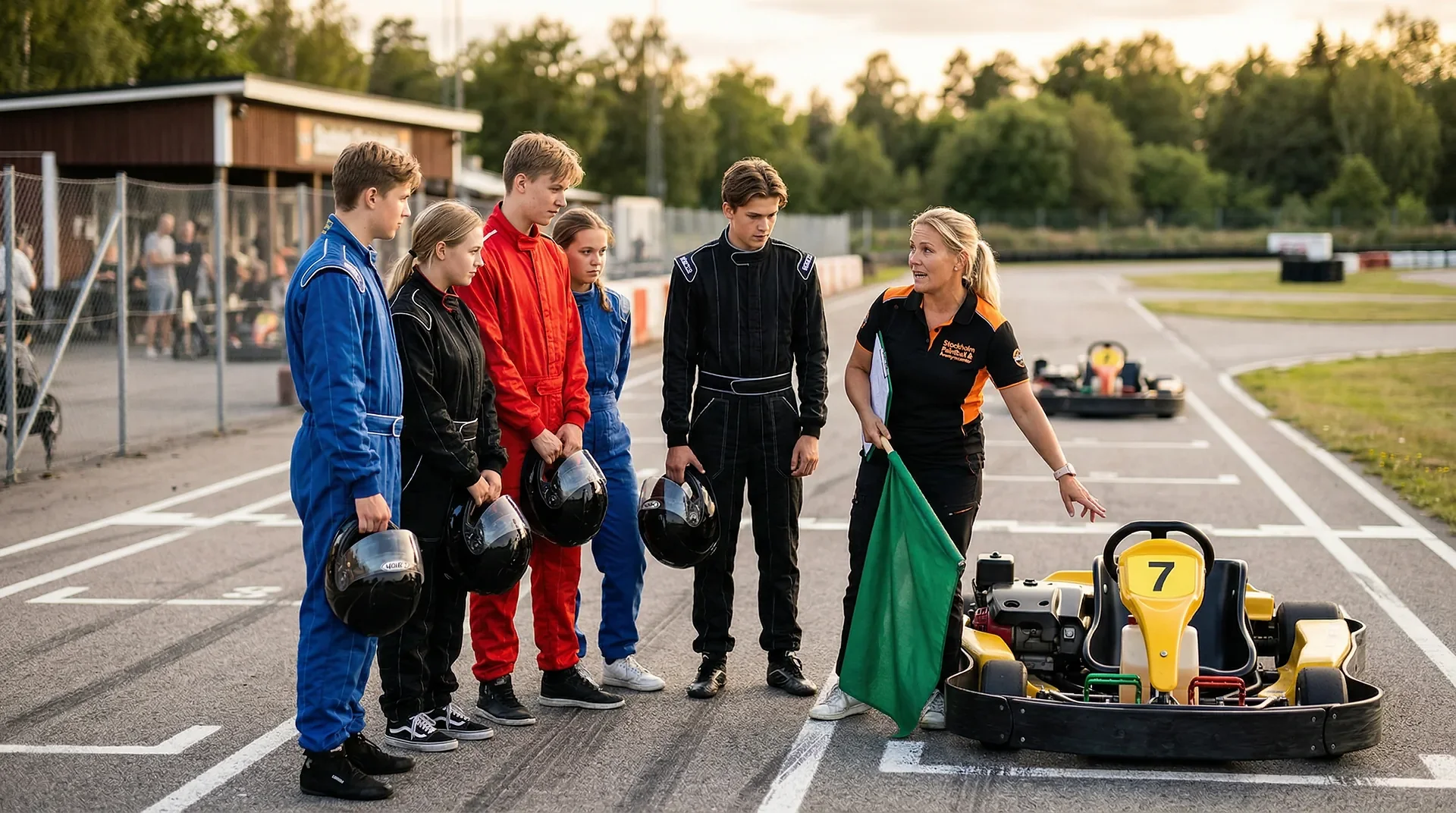 Instruktör med grön flagga och fem ungdomar i racingoveraller vid gokartbana