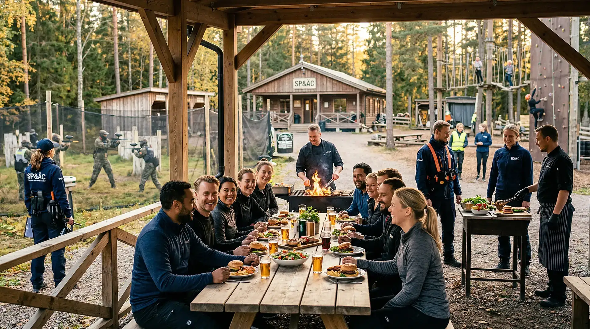 Grupp människor äter utomhus vid långbord i skogsmiljö med aktiviteter i bakgrunden.