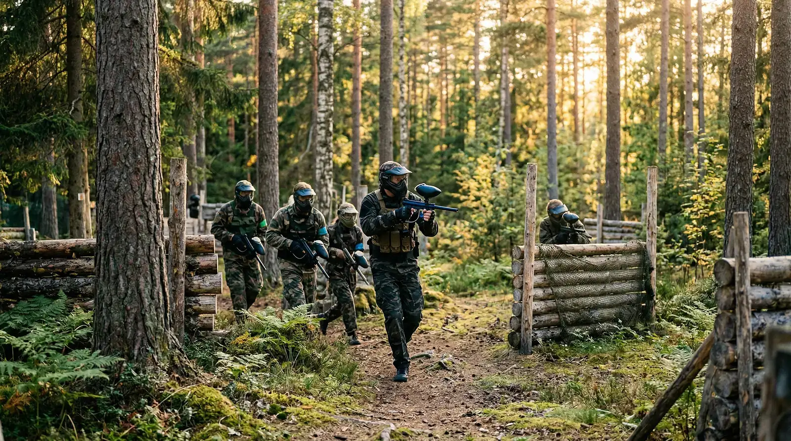 Paintballspelare i kamouflage med markörer på skogsbana mellan träbarrikader.