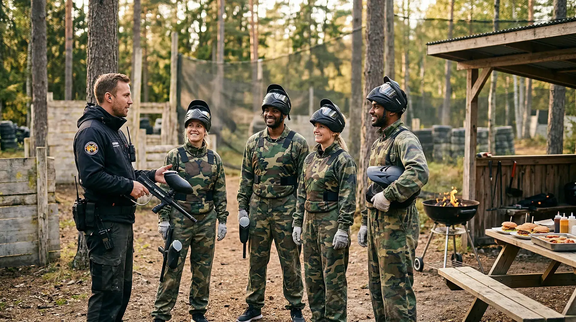 Instruktör med paintballmarkör pratar med fyra deltagare i kamouflage i skogen.