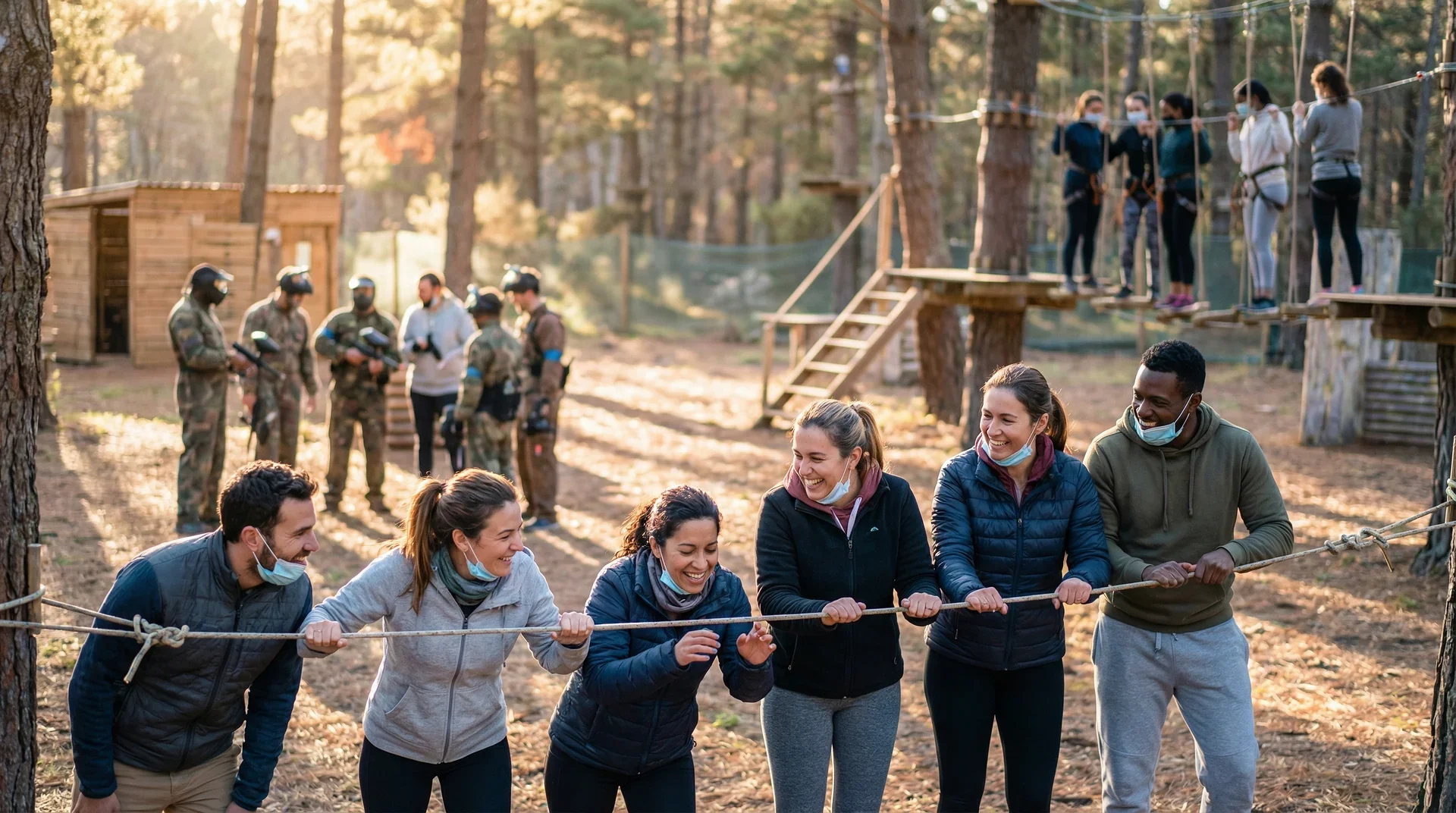 Grupp människor samarbetar med rep vid teambuilding-aktivitet i skog.