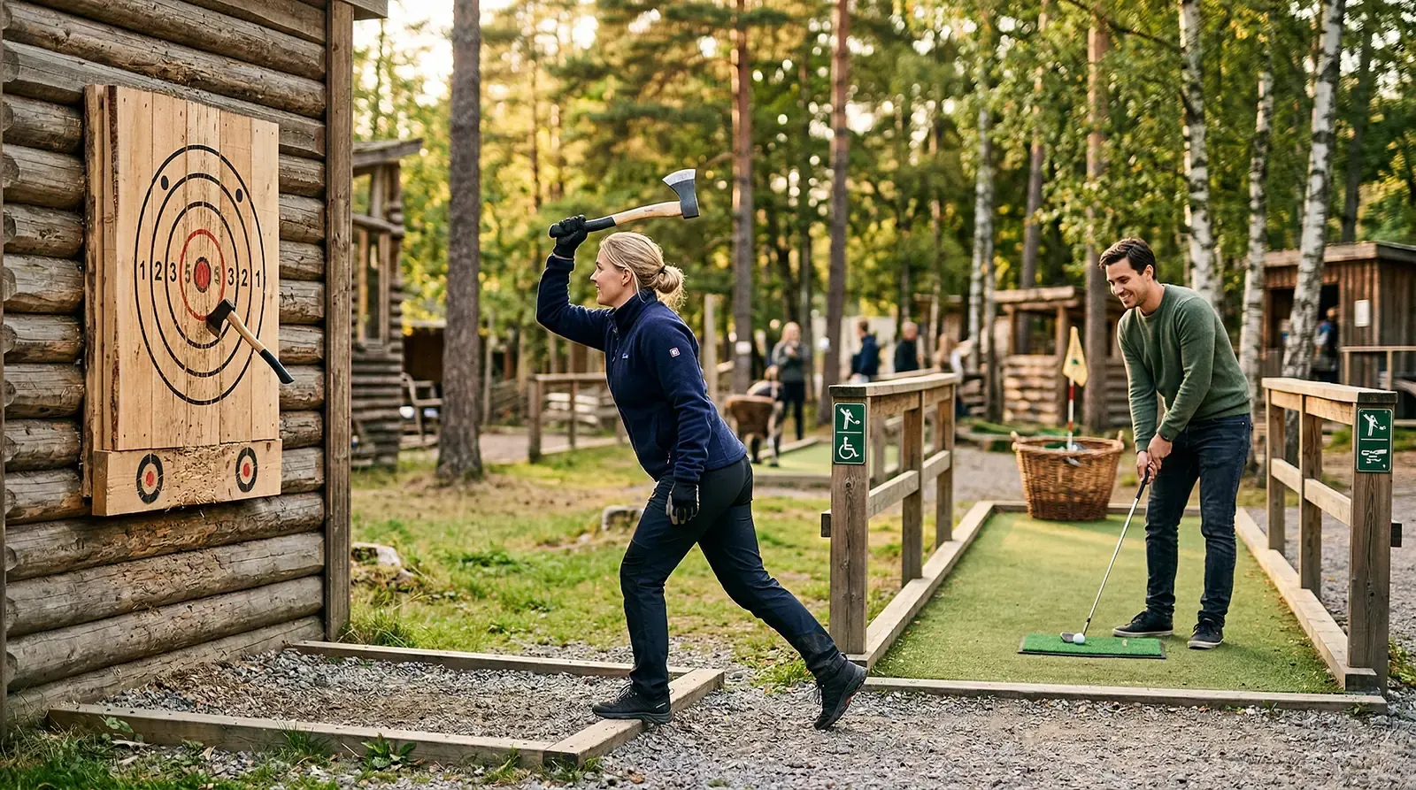 Kvinna kastar yxa mot mål medan man spelar minigolf i skogen.