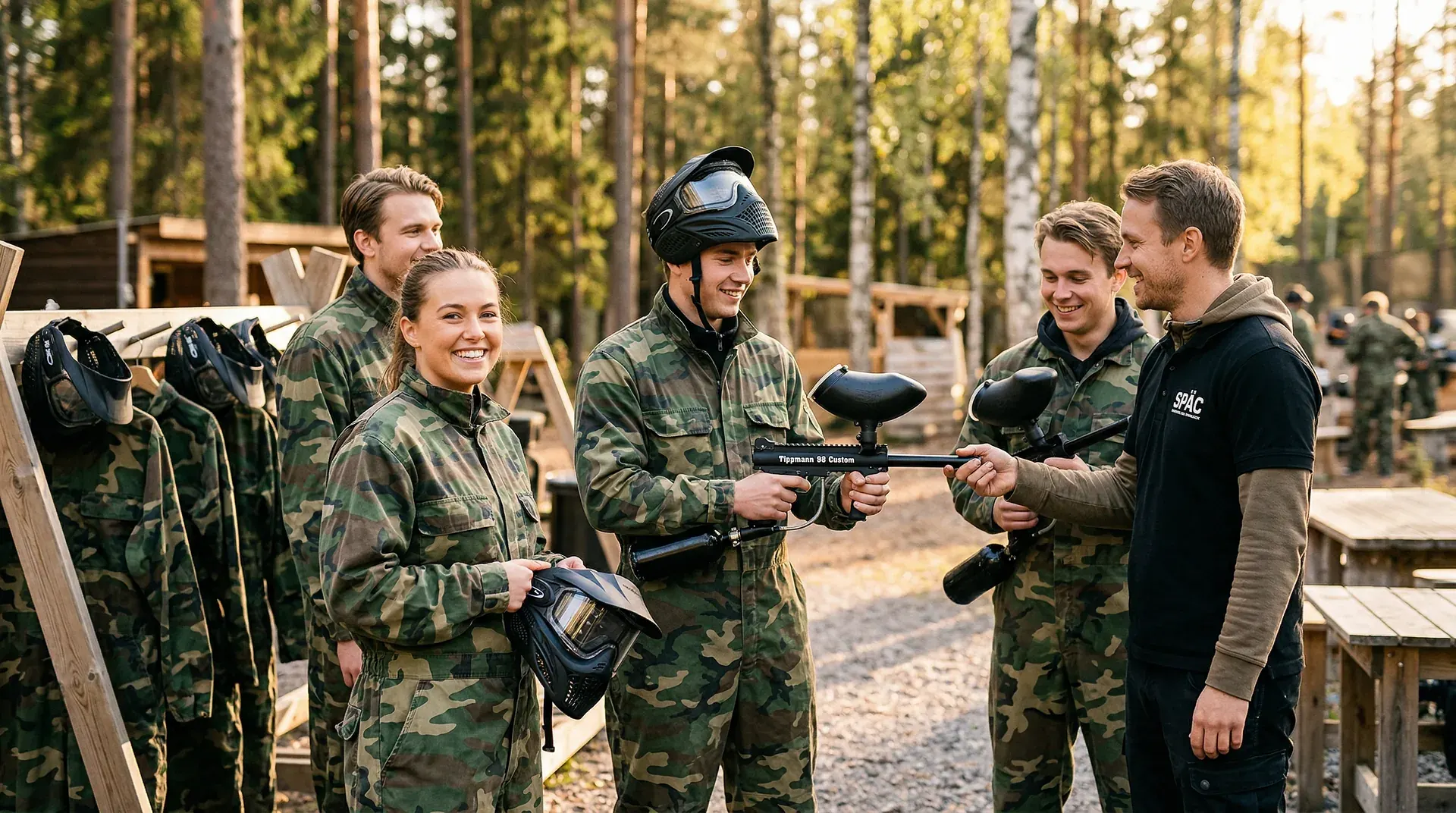Fem personer i kamouflageoveraller håller paintballvapen i skogen.
