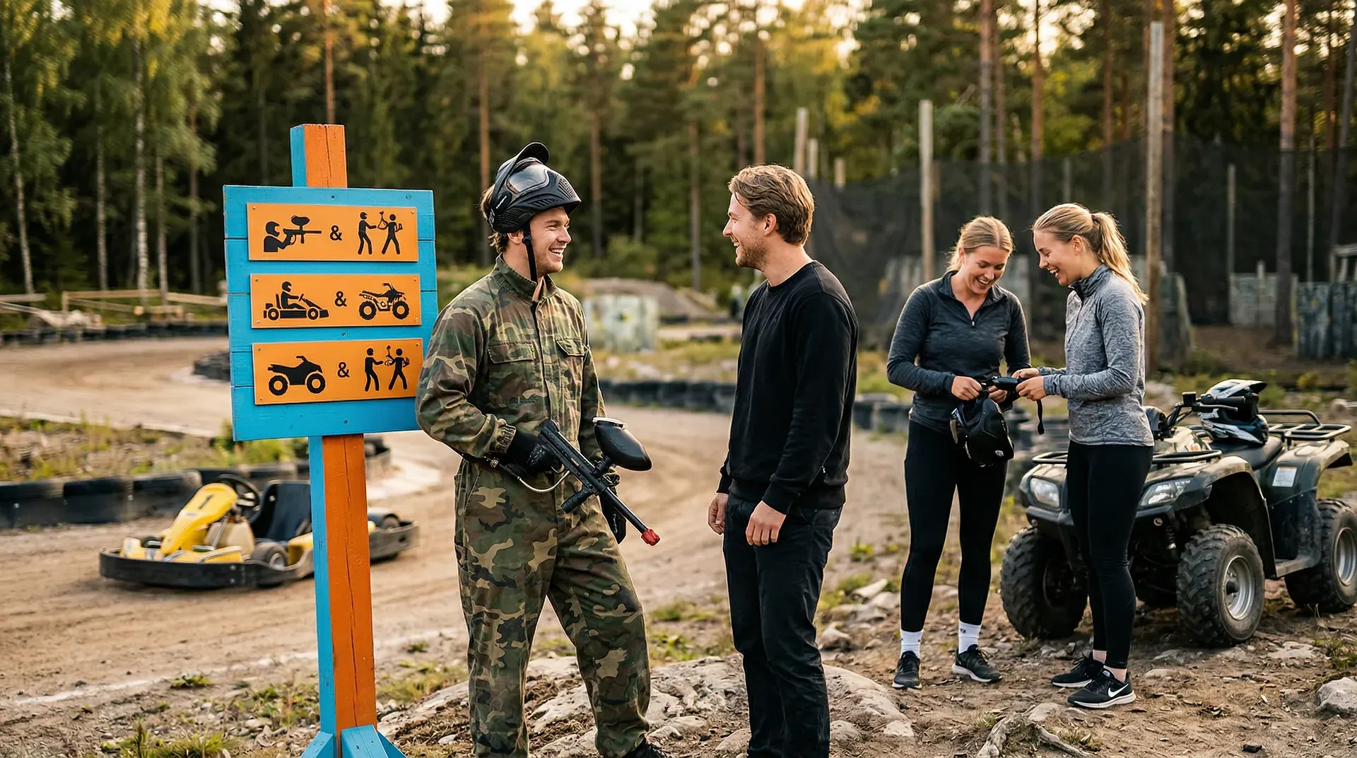 Grupp människor vid aktivitetsanläggning med skylt för go-kart och ATV.