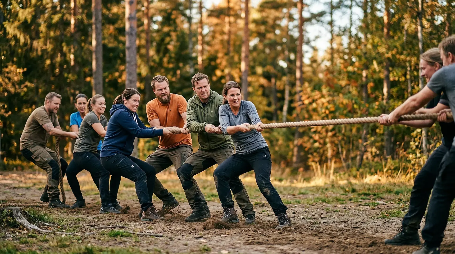 Grupp av människor som drar i rep under en lagaktivitet utomhus i skogen.