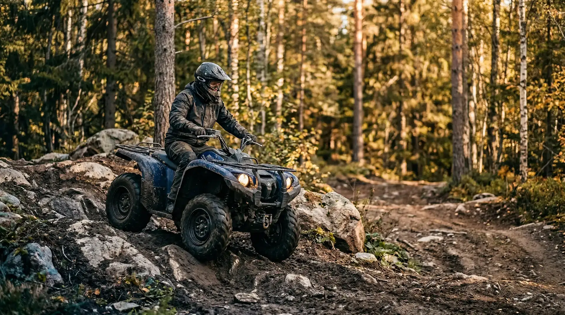 Person kör fyrhjuling på stenig skogsväg i höstskog.