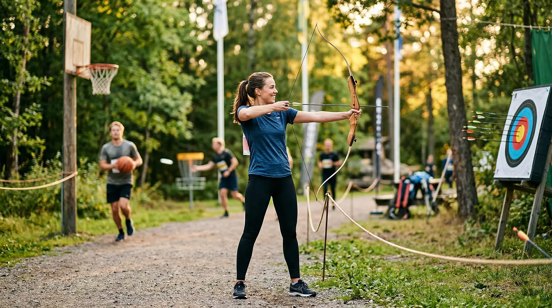 Kvinna skjuter pilbåge mot målskiva i utomhusmiljö med andra aktiviteter i bakgrunden.