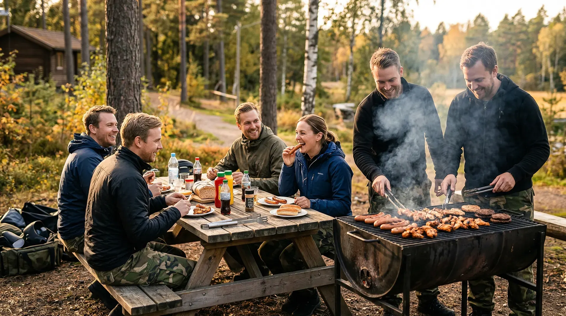 Vänner grillar tillsammans vid ett bord i skogen under hösten.