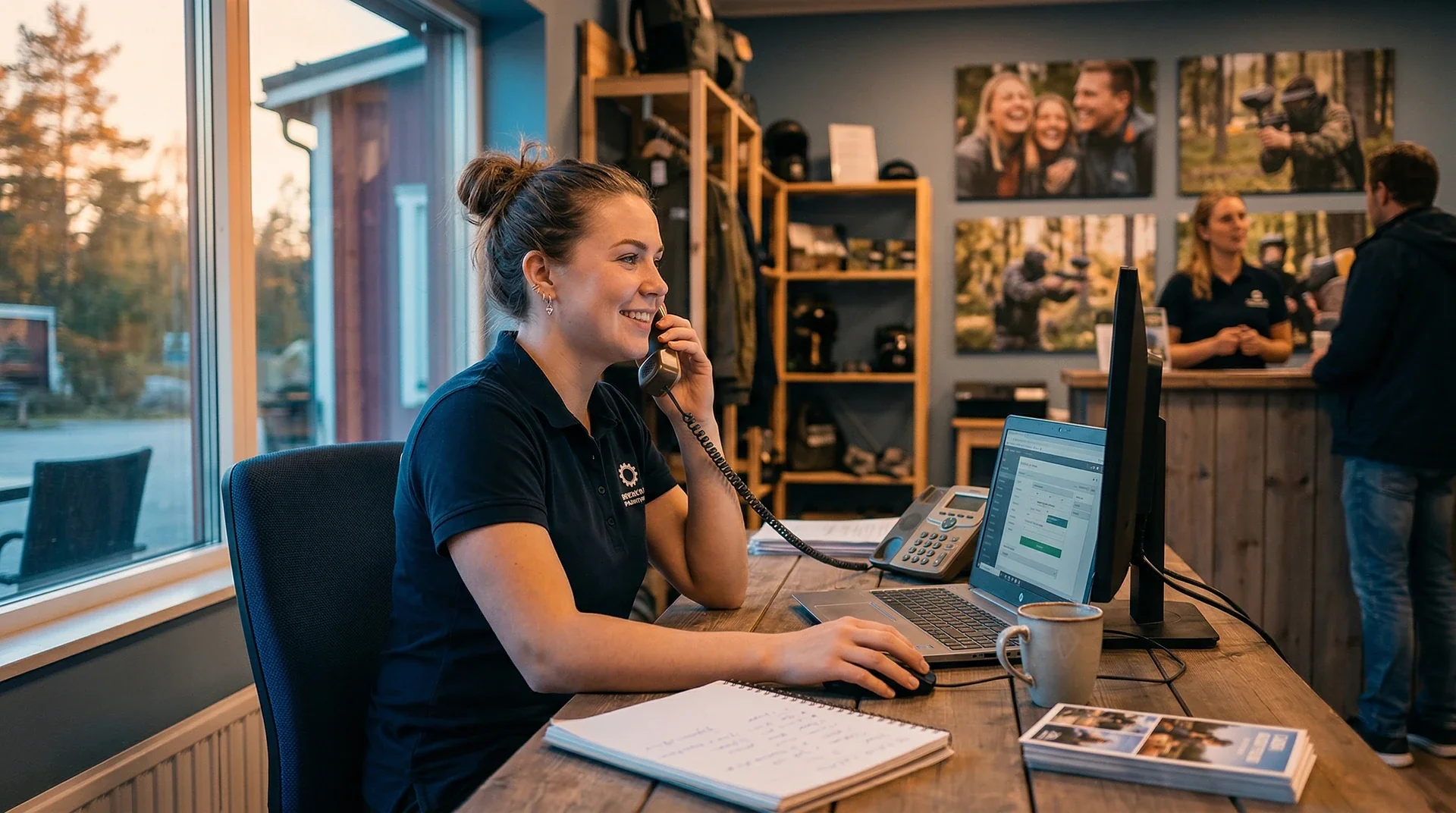 Kvinna i svart pikétröja talar i telefon vid skrivbord med dator.